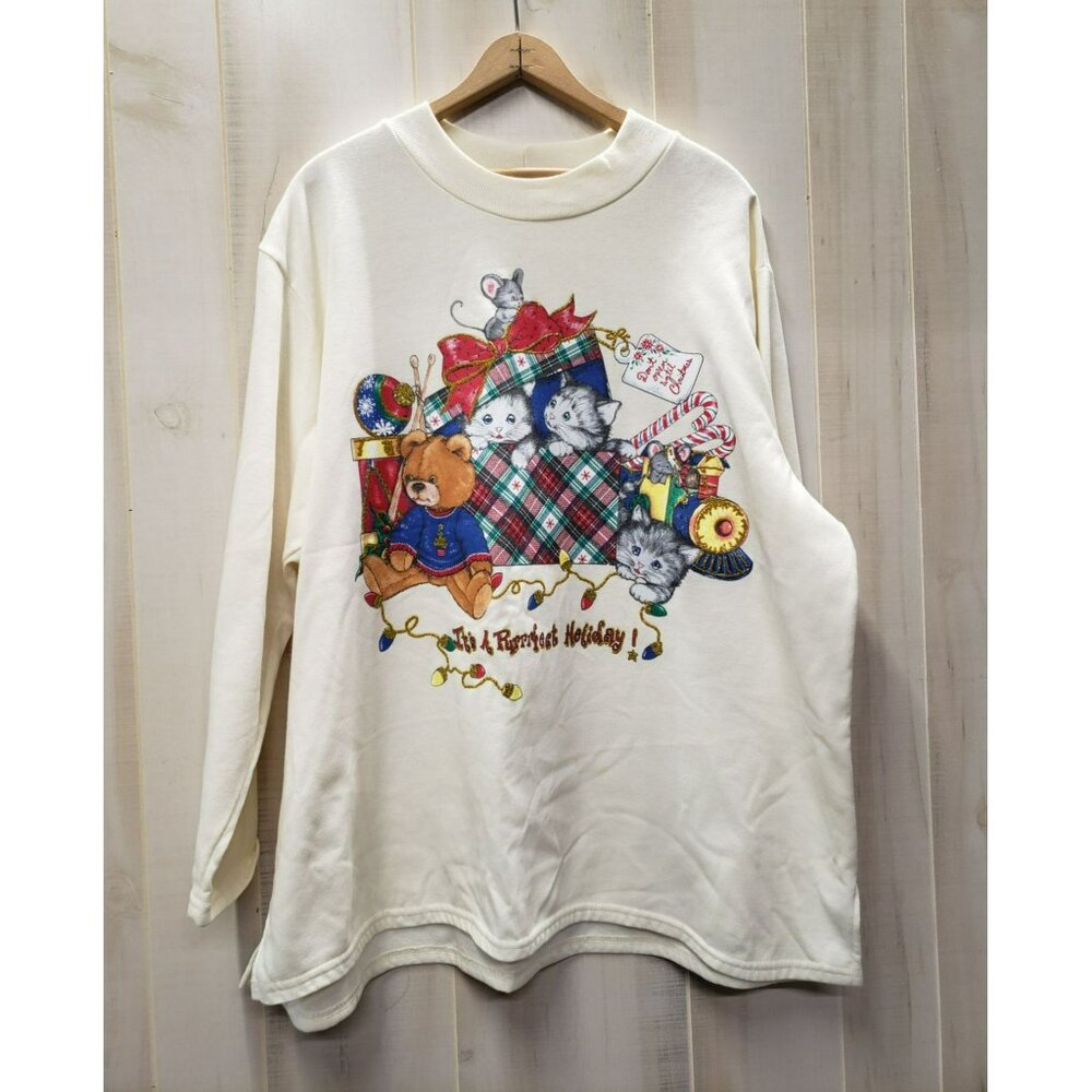 Vtg Cats Christmas Sweatshirt, Womens Size 2X, White, Nut Cracker Brand USA Made